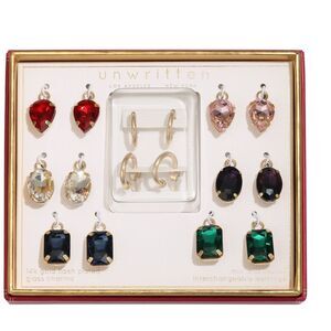 Unwritten Multi-Color Mix Hoop Earring Set Gold Red, Pink, Green, Black Stones